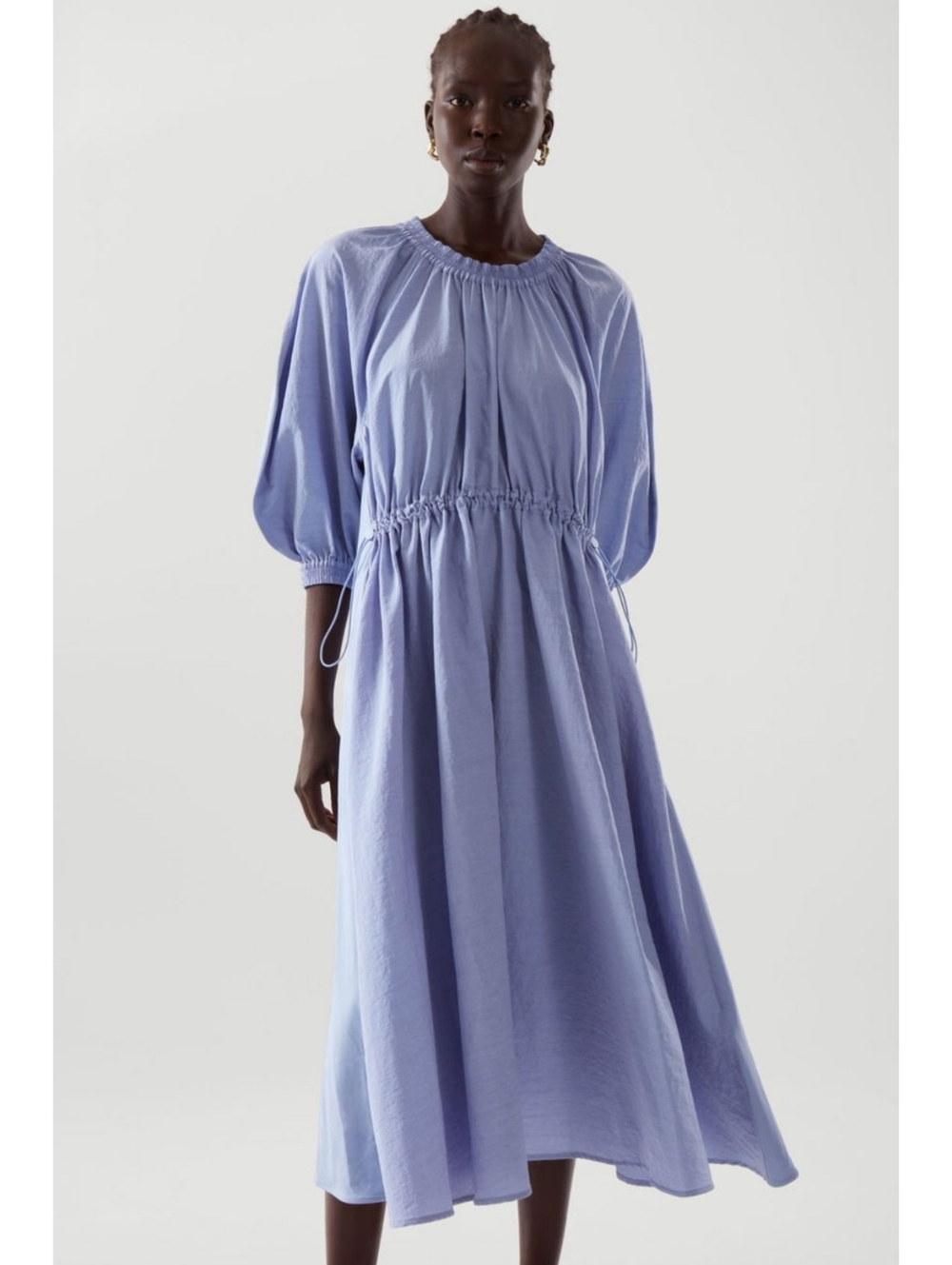 COS Light Blue Volume-Sleeve Mixed Media Midi Dress Pockets 3/4 Sleeves Size S - Picture 2 of 10